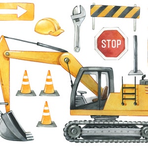 Könnte beinhalten: Eine Aquarell-Illustration eines gelben Baufahrzeugs, eines Stoppschildes, Verkehrskegeln, eines Bauhelms, eines Schraubenschlüssels und einer Baustellenabsperrung. Das Fahrzeug ist ein gelber Bagger mit einer schwarzen Kabine und einem schwarzen Schaufel. Das Stoppschild ist rot mit weißen Buchstaben. Die Verkehrskegel sind orange mit weißen Streifen. Der Bauhelm ist gelb mit einem schwarzen Rand. Der Schraubenschlüssel ist silber mit einem schwarzen Griff. Die Baustellenabsperrung ist schwarz und gelb mit einem gestreiften Muster.