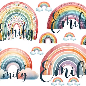 Könnte beinhalten: Ein Set aus sechs Aquarell-Regenbogen-Illustrationen mit dem Namen "Emily", der in einer kursiven Schrift auf jedem Regenbogen geschrieben ist. Die Regenbögen sind in den Farben Rosa, Orange, Gelb, Grün, Blau und Lila gehalten.