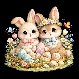 Könnte beinhalten: Illustration von zwei entzückenden Hasen, die in einem Nest sitzen, umgeben von Ostereiern, Blumen und Schmetterlingen. Ein Hase trägt eine rosa Schleife, der andere eine blaue Schleife und einen Blumenkranz. Die Eier sind in Pastellfarben dekoriert.