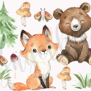 Könnte beinhalten: Aquarell-Illustration eines Braunbären, eines Fuchses und Pilzen. Der Bär sitzt mit gekreuzten Pfoten und lächelt. Der Fuchs sitzt mit seinem Schwanz um seine Beine gewickelt. Es gibt zwei Pilze mit weißen Stielen und braunen Hüten. Die Illustration ist auf weißem Hintergrund.