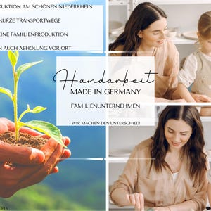 May include: Image promoting handmade products, featuring a plant held in hands, and a family working together. Text includes "Handarbeit MADE IN GERMANY" and other German phrases.