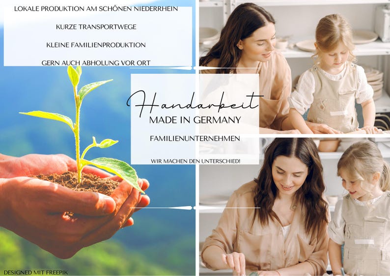 May include: Image promoting handmade products, featuring a plant held in hands, and a family working together. Text includes "Handarbeit MADE IN GERMANY" and other German phrases.