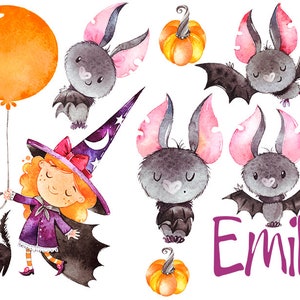 Könnte beinhalten: Eine Aquarell-Illustration einer Hexe, die einen Ballon mit einer schwarzen Katze, Kürbissen und Fledermäusen hält. Die Hexe trägt ein lila Kleid und einen Hexenhut. Der Text "Emily" ist in lila Buchstaben geschrieben.