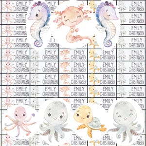 May include: A repeating pattern of personalized labels with the name "EMILY CHRISTIANSEN". The labels are decorated with watercolor illustrations of sea creatures, including seahorses, axolotls, octopuses, and turtles. The color palette includes pastel shades.