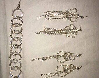 Parure Vintage Collier & Bracelet à Rangs De Strass Articulés - Argenté, Occasion (manques De Strass)