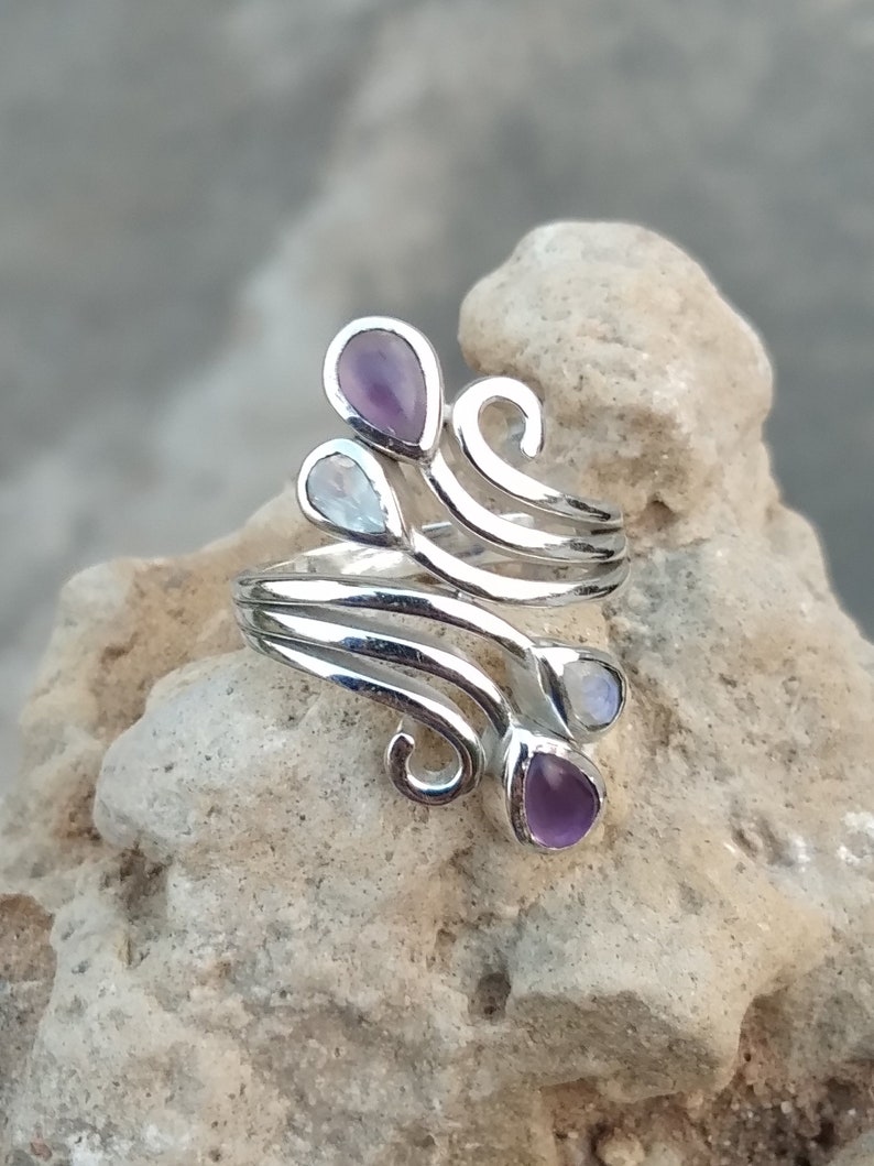 Natural Rainbow Moonstone and Amethyst silver ring