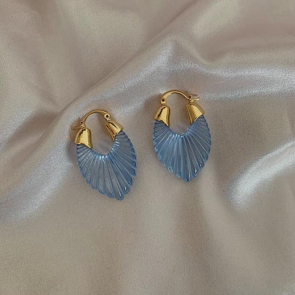 SEPHER. Blue Pastel Shell Chunky Resin Statement Gold Hoop Earrings Unique Retro, Blue Earrings, Pastel Blue Earrings, Baby Blue Earrings,
