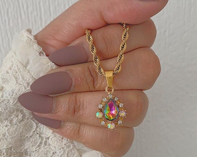 REIGN Multicolour Rainbow Crystal Teardrop Pendant Necklace Vintage Style Gold Rope Chain, Rainbow Necklace, Multicolour Crystal Necklace