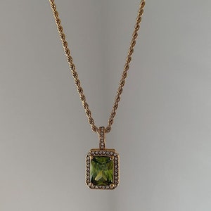 HERMES. Olive Green Crystal Octagon Pendant Necklace on Gold Rope Chain, Green Crystal Necklace, Green Pendant Necklace,