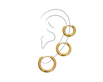 3 Pair Gold Plated Stainless Steel Hoop Earrings Set, Minimal Chunky Ear Stack