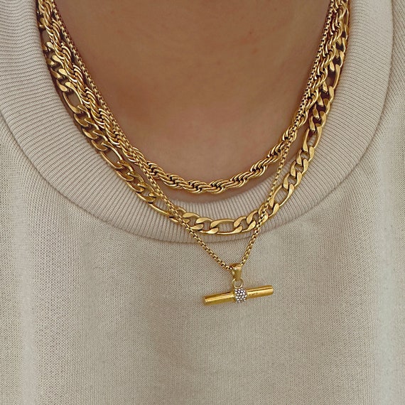 Men's Gold T-Bar On Fine Curb Chain - Tilly Sveaas Jewellery