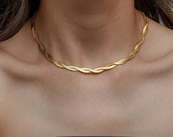 AURYN. 18K Gold Snake Chain Necklace Double Twist Herringbone Chain Necklace, Gold Twist Chain Necklace, Braided Chain, Plaited Chain,