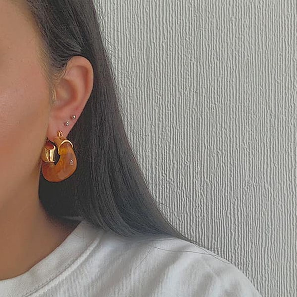 PHOENIX. Amber Chunky Resin Statement Gold Hoop Earrings Unique Retro, Amber Earrings, Amber Statement Earrings, Earrings