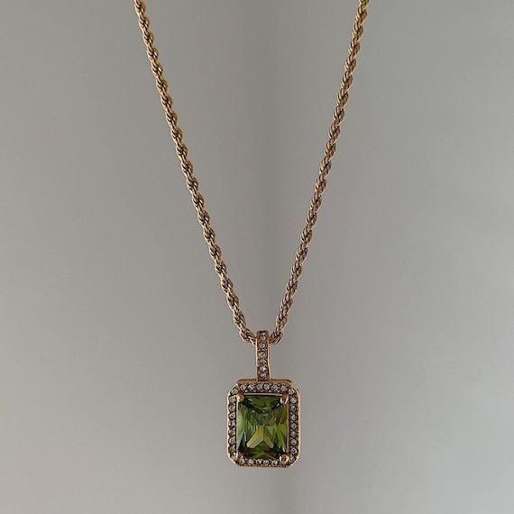 HERMES. Olive Green Crystal Octagon Pendant Necklace on Gold Rope