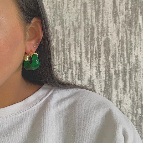 FARLEY. Imperfect Jade Green Chunky Resin Statement Gold Hoop Earrings Unique Retro, Jade Green Earrings, Green Statement Earrings, Earrings