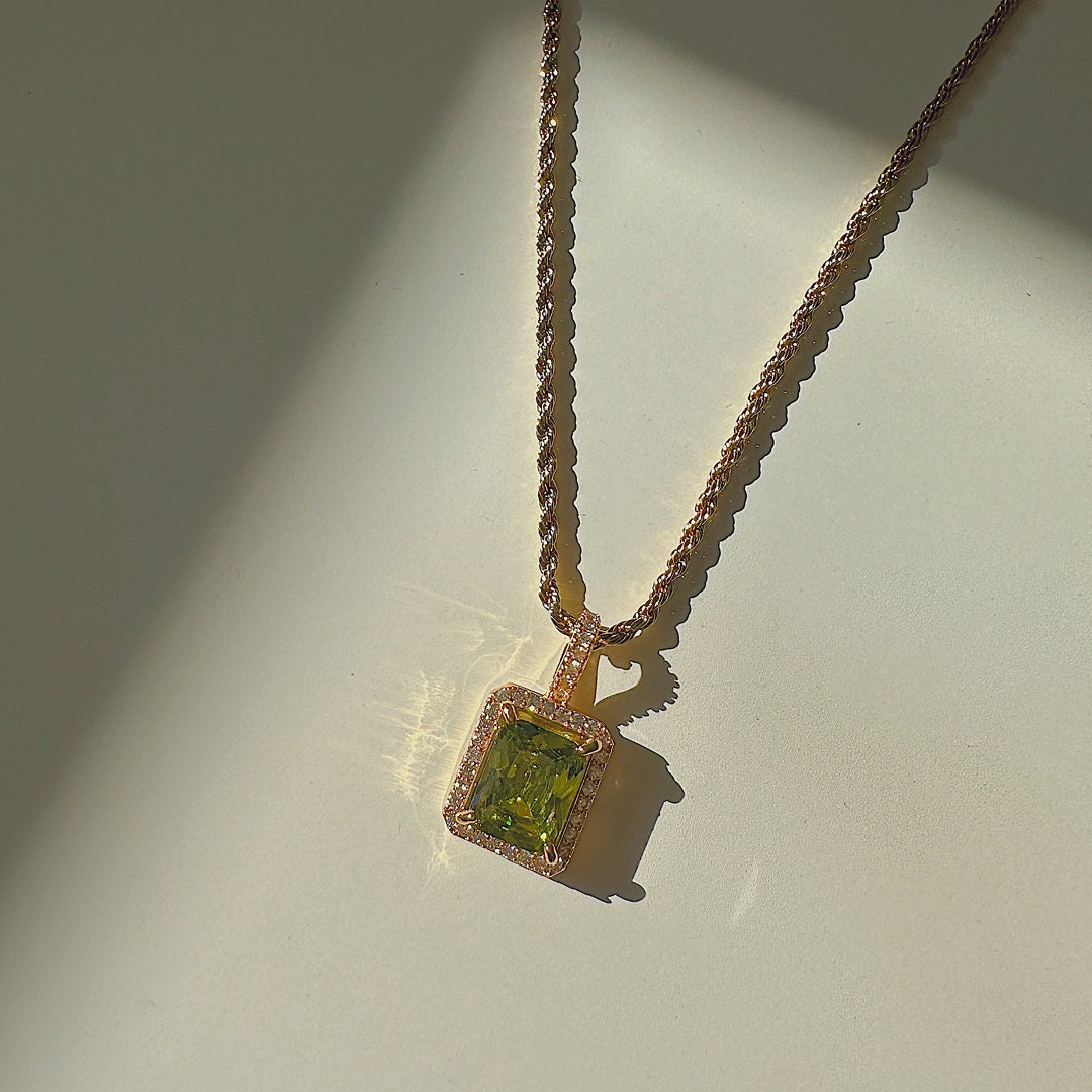 HERMES. Olive Green Crystal Octagon Pendant Necklace on Gold