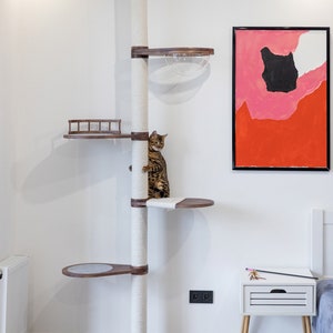 Cat adjustable tower Floor to ceiling cat tower Wood cat tree Cat climbing tree Cat tower Cat scratch Scratching post Cat playground
