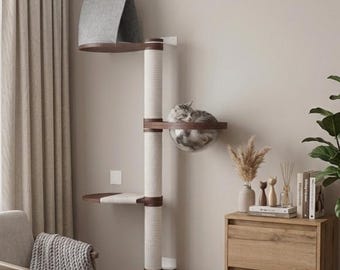 Wall Mounted Cat Tree | Modern Cat Wall Furniture with Felt House, Acrylic Bowl, Climbing Platform & Scratching Rope