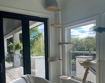 Árbol para gatos de madera, moderno, torre de madera, rascador, condominio, regalo para amantes de los gatos, casa de lujo, estanterías