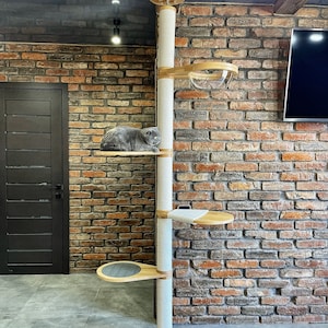 May include: A white cat tree with a grey cat resting on a platform. The cat tree has multiple platforms, a scratching post, and a clear plastic bowl. The cat tree is against a brick wall.