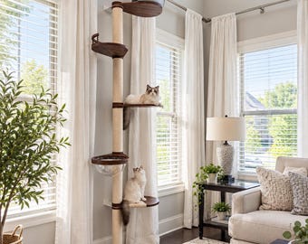 Tall Large Cat Tree, Modern Wooden Cat Tower with 5 Platforms, Wall Supported Cat Furniture