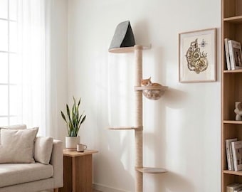 Cat Tree with Acrylic Bubble Bed | Modern Wooden Cat Tower with Felt House | Large Cat Climbing Furniture | Luxury Cat Condo
