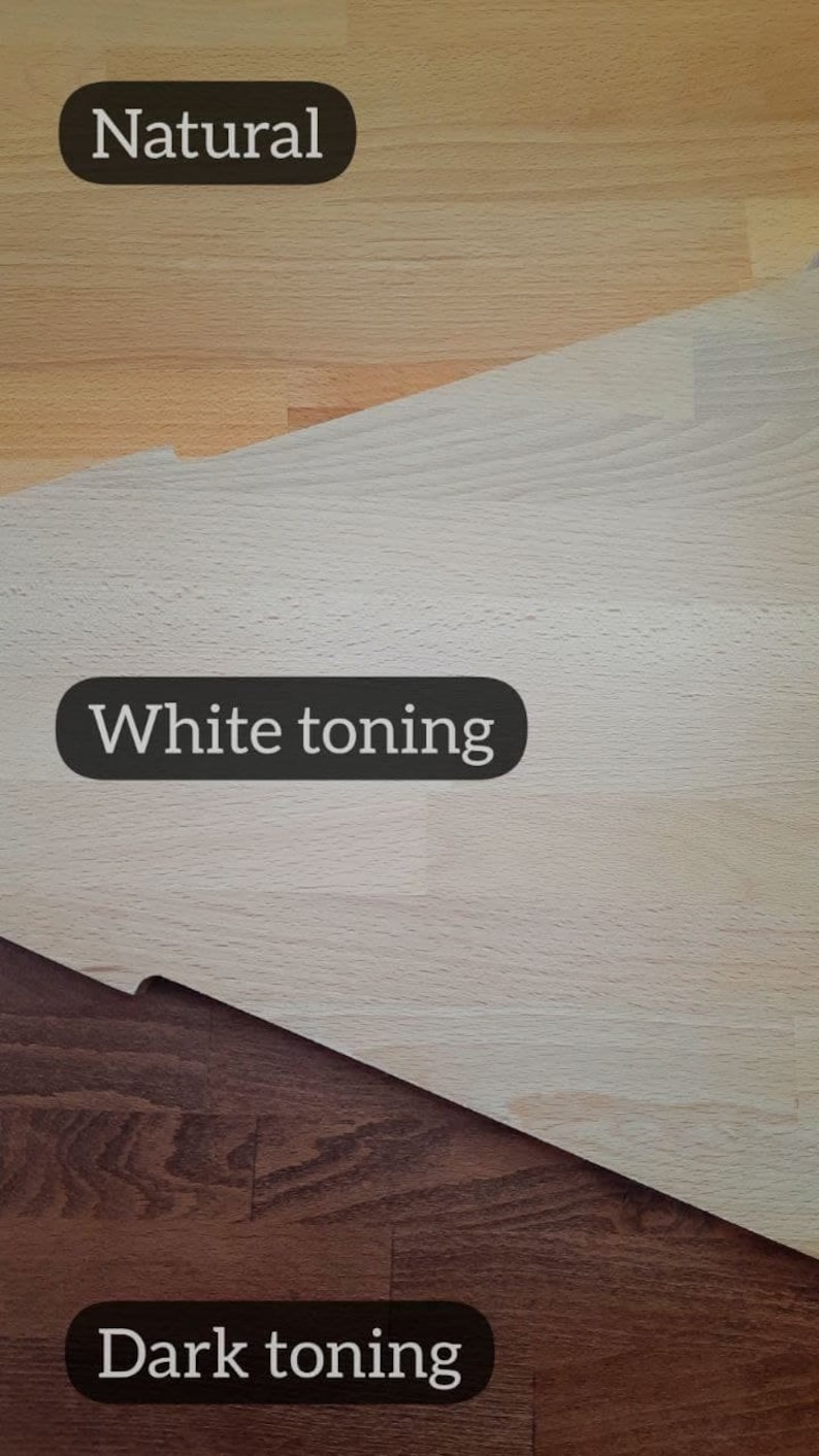 May include: Image showcasing three wood samples with different finishes. The top section displays a natural wood tone, followed by a white-toned section, and a dark-toned section at the bottom. Each section has a label: "Natural", "White toning", and "Dark toning".