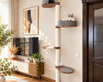 Wooden Cat Tree with Bed, Modern Cat Tower with Felt House, Large Cat Furniture