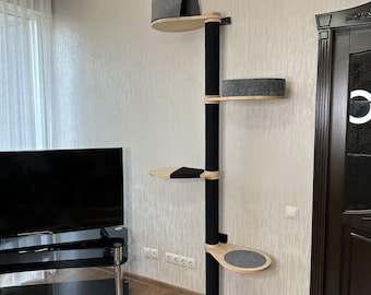 Modern Beech Wood Cat Tower, Wall Mounted Cat Tree, Felt House & Bed
