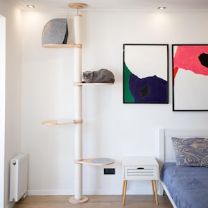 Könnte beinhalten: Ein moderner Kratzbaum mit mehreren Ebenen, darunter ein graues Filzversteck und mehrere Holzplattformen. Eine graue Katze ruht auf einer der Plattformen. Der Kratzbaum steht vor einer weißen Wand mit abstrakter Kunst.