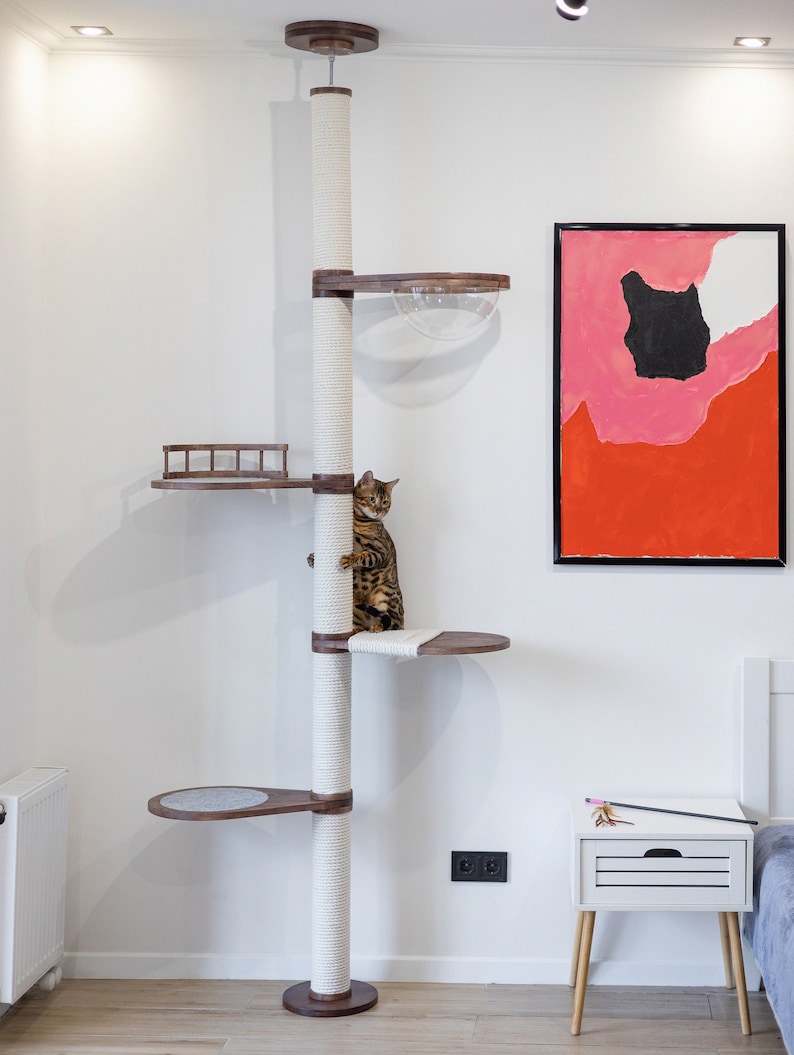 May include: A tall cat tree with a white sisal-covered post and multiple platforms. A brown tabby cat is perched on one of the platforms, looking out at the viewer. The cat tree is in a room with white walls and a light wood floor.