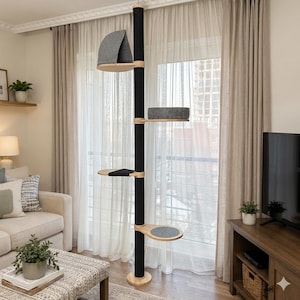 Kratzbaum vom Boden bis zur Decke für große Katzen | Moderner Katzenturm aus Holz mit Filzhaus, gemütlichem Bett & Kletterplattformen