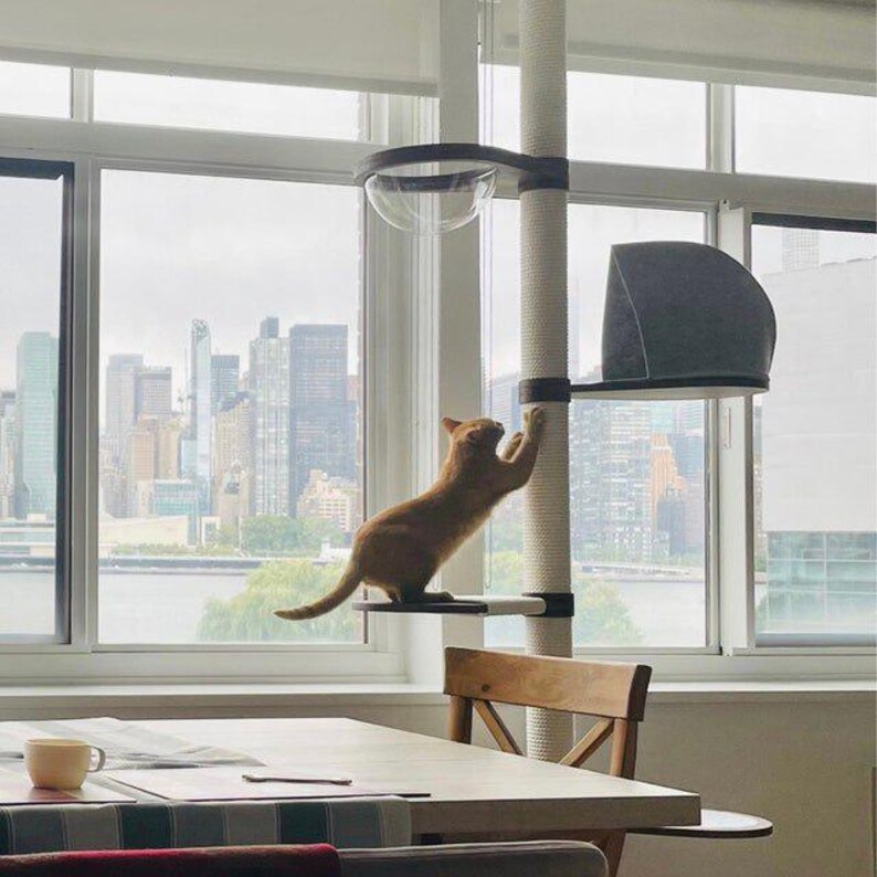 Floor to ceiling cat tree, Wood cat tree, Tall Cat tree, Cat scratching post, Cat shelves, Cat tower, Mounted Cat Pole, Cat Climbing Pole Dark Toning/White