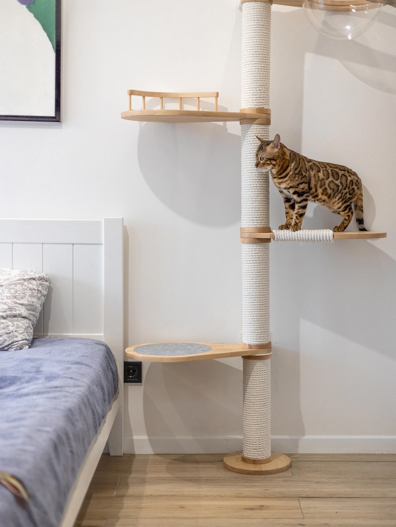 May include: A multi-level cat tree with a natural wood finish and sisal rope-wrapped posts. The cat tree features multiple platforms, including a round one with a gray felt pad. A Bengal cat stands on one of the platforms.