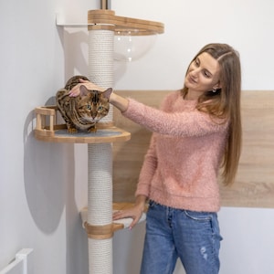 May include: A modern cat tree with multiple levels, a clear dome, and a scratching post. The cat tree is made of wood and rope, and a brown and black cat is sitting on one of the platforms. A person is petting the cat.
