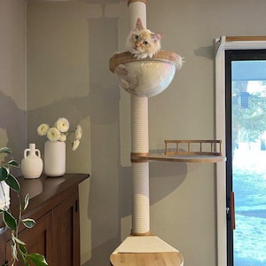 Cat adjustable tower Floor to ceiling cat tower Wood cat tree Cat climbing tree Cat tower Cat scratch Scratching post Cat playground image 14