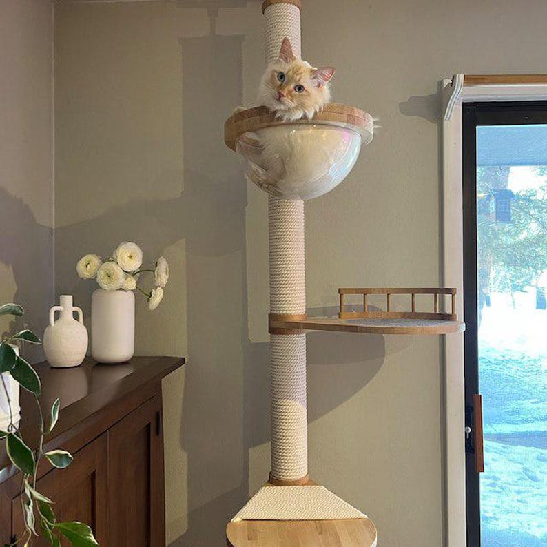 Cat adjustable tower Floor to ceiling cat tower Wood cat tree Cat climbing tree Cat tower Cat scratch Scratching post Cat playground image 14