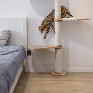 Peut inclure: Un grand arbre &agrave; chat compos&eacute; de plateformes en bois clair et d'un poteau central vertical entour&eacute; d'une &eacute;paisse corde blanche. Un chat Bengal brun tachet&eacute; est en plein mouvement, sautant du niveau sup&eacute;rieur vers une plateforme inf&eacute;rieure grise.