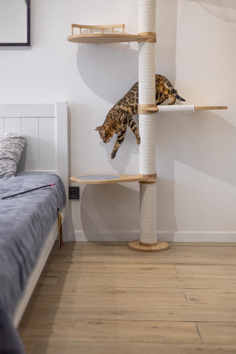 Peut inclure: Un grand arbre &agrave; chat compos&eacute; de plateformes en bois clair et d'un poteau central vertical entour&eacute; d'une &eacute;paisse corde blanche. Un chat Bengal brun tachet&eacute; est en plein mouvement, sautant du niveau sup&eacute;rieur vers une plateforme inf&eacute;rieure grise.