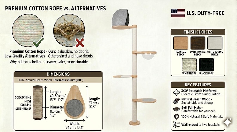 Peut inclure: Un arbre &agrave; chat vertical avec un poteau central et quatre plateformes rotatives dot&eacute;es de tapis en feutre doux. La structure est en bois de h&ecirc;tre naturel avec des sections &agrave; griffer en corde de coton. Poteau de 11,5 cm de diam&egrave;tre et bois de 20 mm.