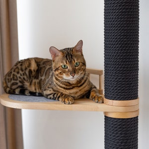 May include: A Bengal cat with brown and black spotted fur rests on a light-colored wooden platform attached to a vertical scratching post wrapped in thick, dark charcoal-colored rope. The platform features a circular gray felt inlay.