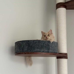 Op de afbeelding: Een pluizige, lichtoranje kat ligt in een grijs vilten bed op een houten plank van een kattenboom. De kattenboom heeft een witte, met touw omwikkelde paal en extra houten planken. De staart van de kat hangt naar beneden en hij kijkt recht in de camera.