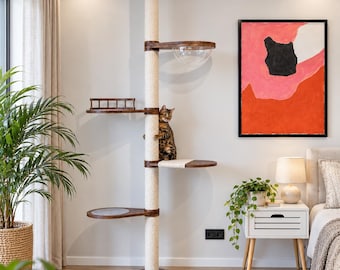 Floor to Ceiling Cat Tree with Acrylic Bubble, Adjustable Wooden Cat Tower