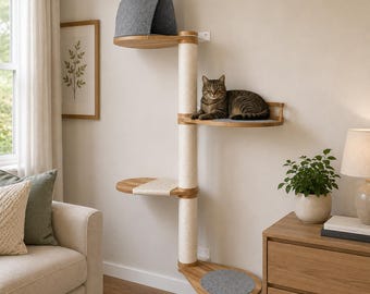 Krabpaal voor wandmontage | Modern kattenmuurmeubilair met planken, klimplanken en vilten huis | Klimsysteem voor katten