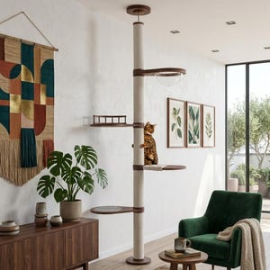 Adjustable Floor to Ceiling Cat Tree | Modern Wooden Cat Tower, Scratching Post, Platforms