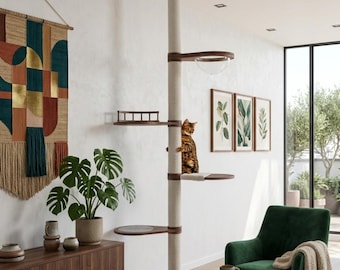 Adjustable Floor to Ceiling Cat Tree | Modern Wooden Cat Tower, Scratching Post, Platforms