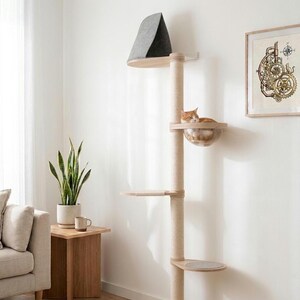 May include: A wall-mounted cat tree featuring a vertical pole wrapped in light-colored sisal rope, multiple wooden platforms, a clear acrylic bowl bed occupied by an orange cat, and a dark gray felt-covered top perch for climbing and resting.