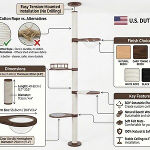 Cat adjustable tower Floor to ceiling cat tower Wood cat tree Cat climbing tree Cat tower Cat scratch Scratching post Cat playground image 4