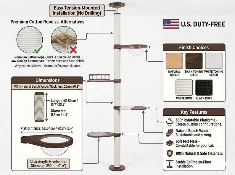 Cat adjustable tower Floor to ceiling cat tower Wood cat tree Cat climbing tree Cat tower Cat scratch Scratching post Cat playground image 4