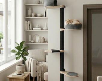 Modern Wooden Cat Tree Tower | Floor-to-Ceiling Climbing Furniture with Felt House & Bed